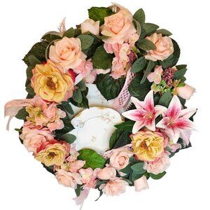 Pink Artificial Floral Wreath With Roses & Lilies For Home Decor